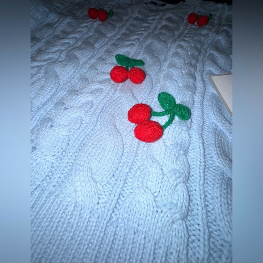 NEW ANTHROPOLOGIE CALLIGRAPHIE BLUE
CABLE KNIT PULLOVER 3D CHERRY DETAIL
SZ LRG - Picture 2 of 7